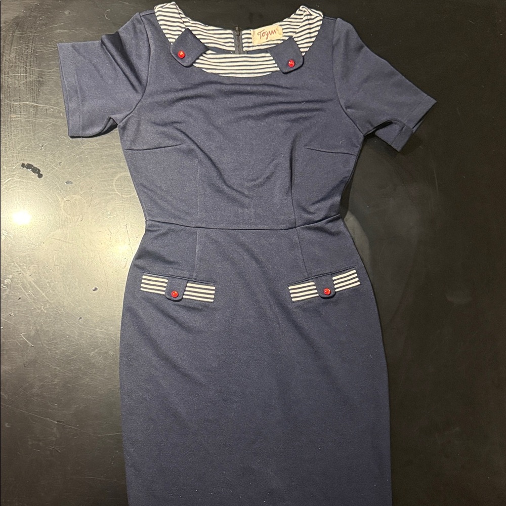 Tatyana Navy Dress with Striped Accents